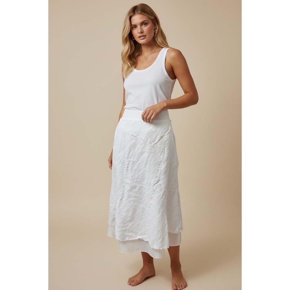 600 West White Linen Blend Layered Midi Skirt Size 4 Casual Summer Skirts